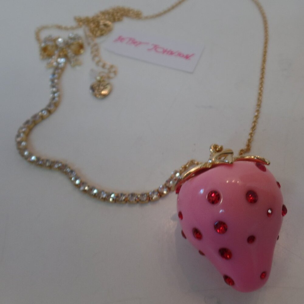 Betsey Johnson Strawberry Charm Sparkling Bow & Goldtone Necklace NWT $58.00